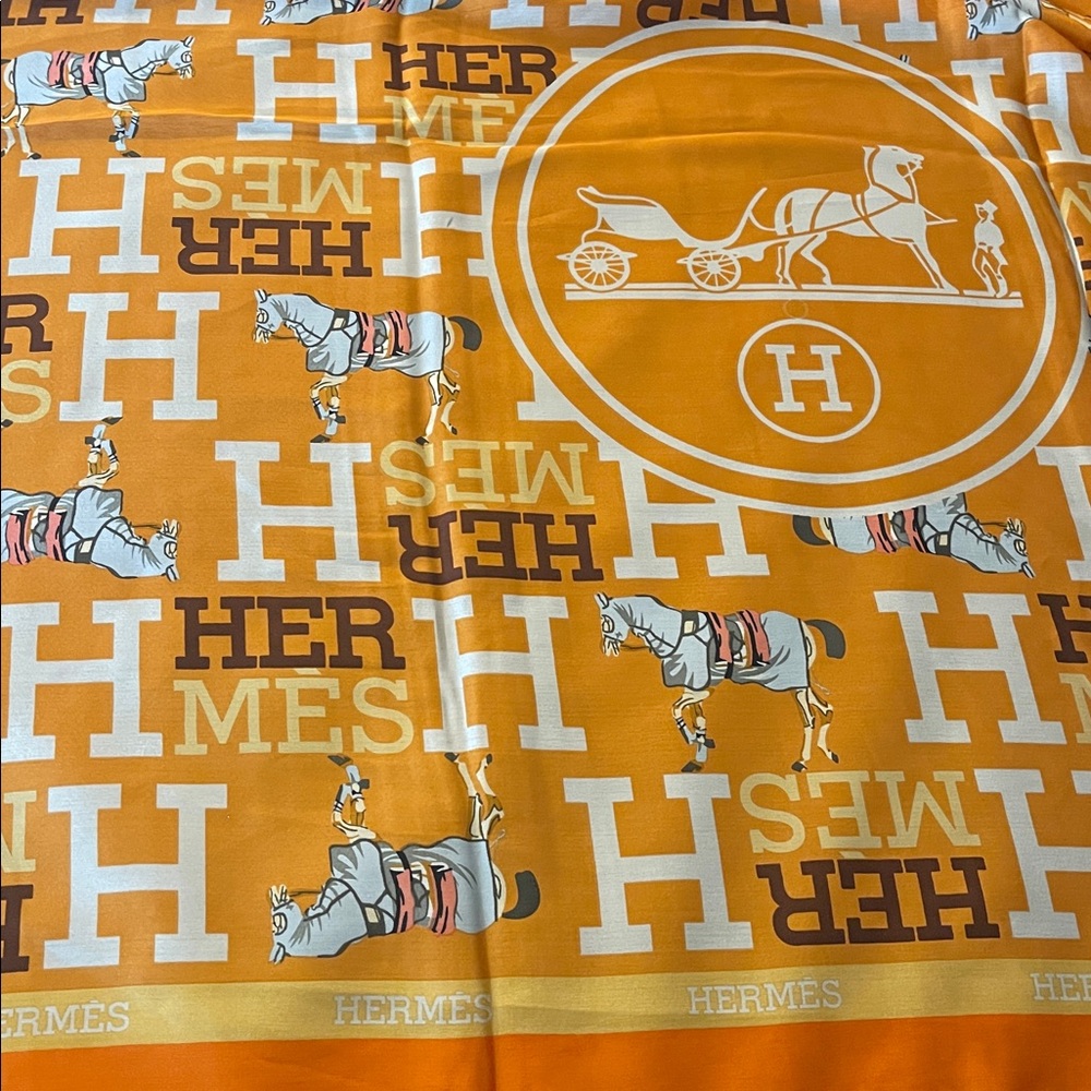 Hermes Orange, White and Brown Equestrian H Logo Silk Scarf